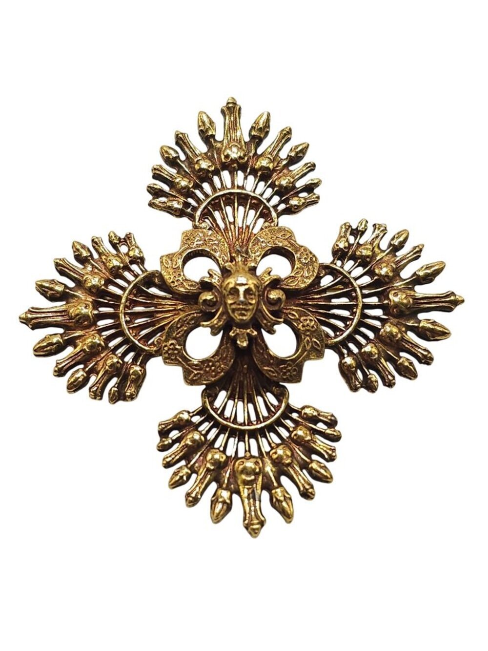 Regal French Style Ornate Gold-Tone Cross Brooch Intricate Face 2.5" Vintage